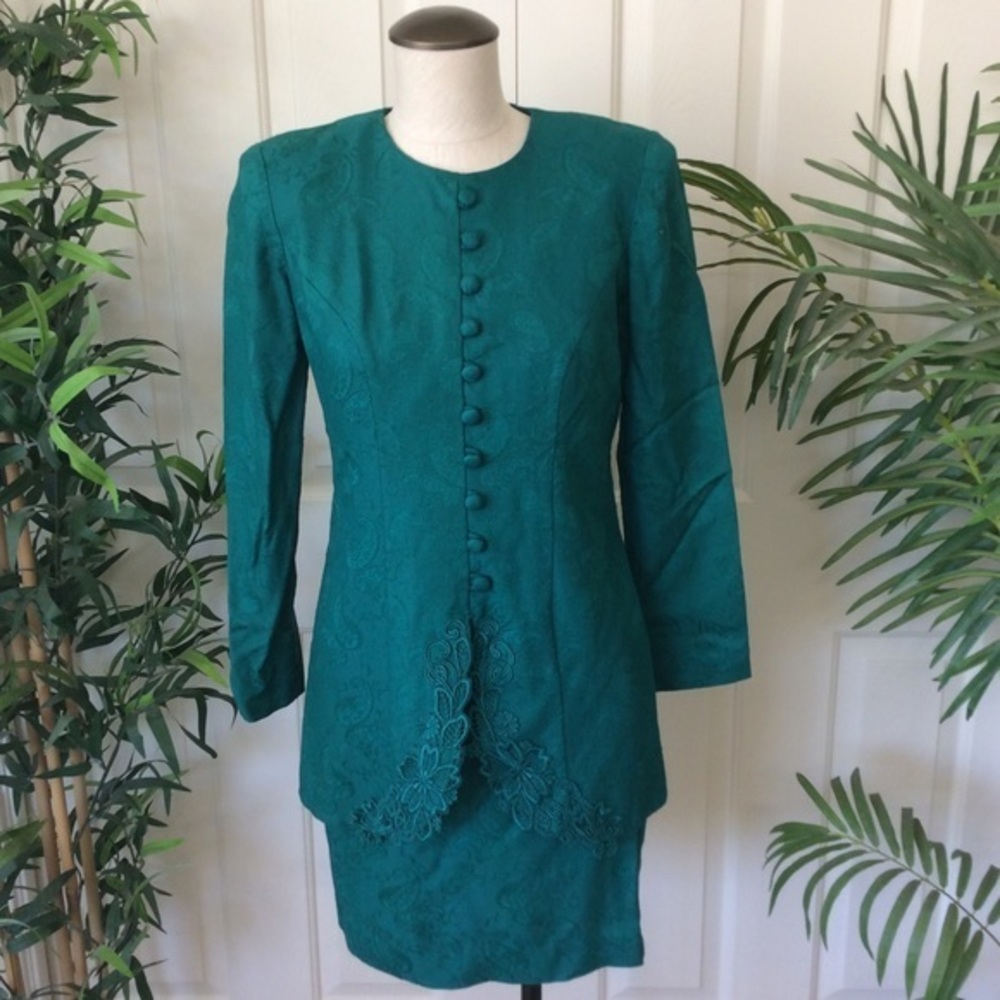 Vintage Karin Stevens 4 Green Brocade Dress